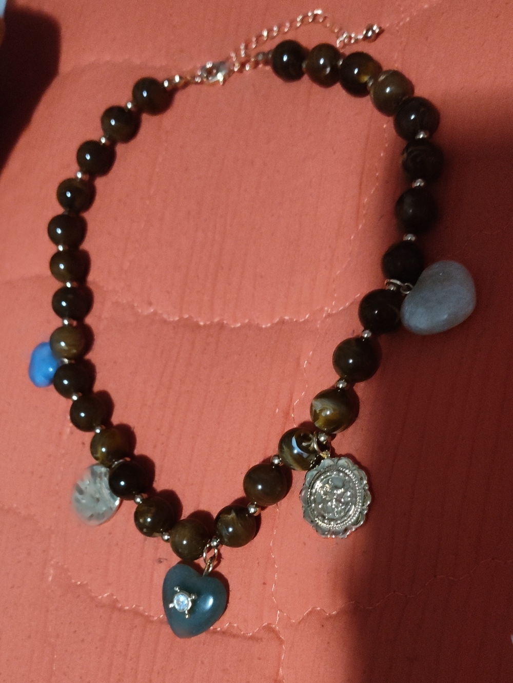 Beaded Heart Charm Necklace - Brown Tiger Eye with Blue Accents